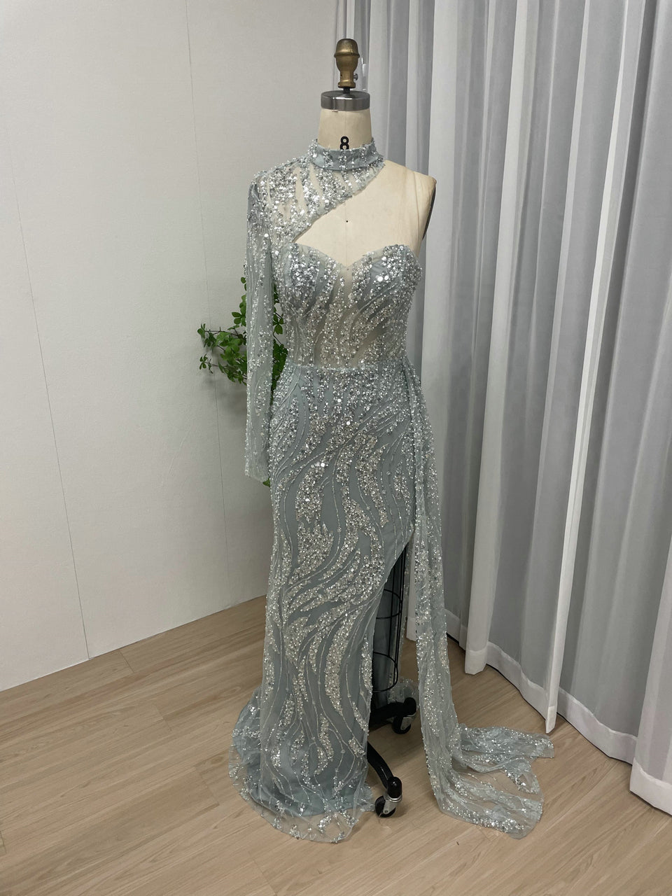 Trendy Chic One Shoulder High Split Beading Lace Wedding Party Dress MY30033