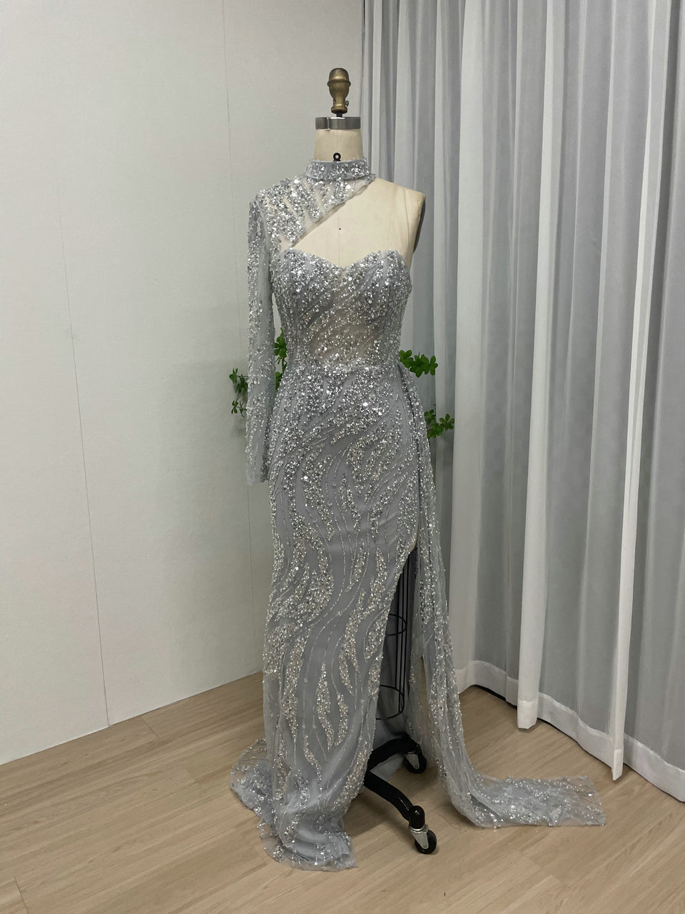 Trendy Chic One Shoulder High Split Beading Lace Wedding Party Dress MY30033