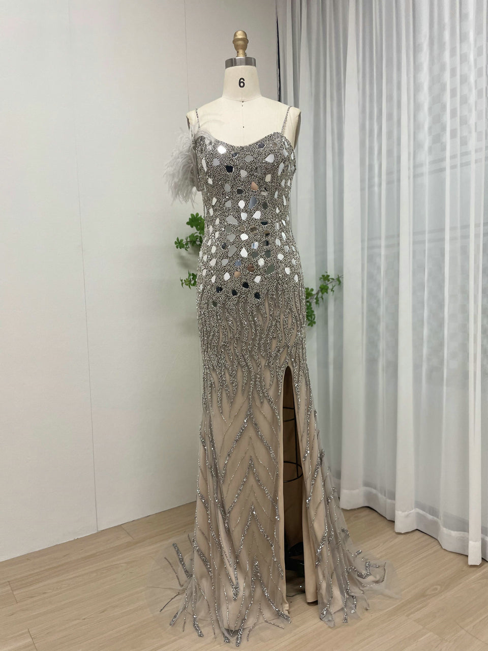 Glamorous Silver Sequin Prom Dress Side Slit Spaghetti Strap Formal Gown MY30034-2