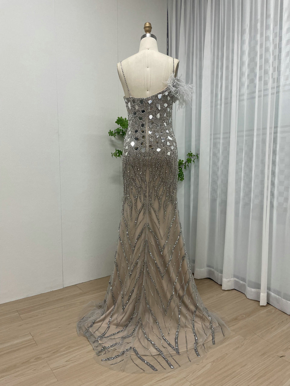 Glamorous Silver Sequin Prom Dress Side Slit Spaghetti Strap Formal Gown MY30034-2