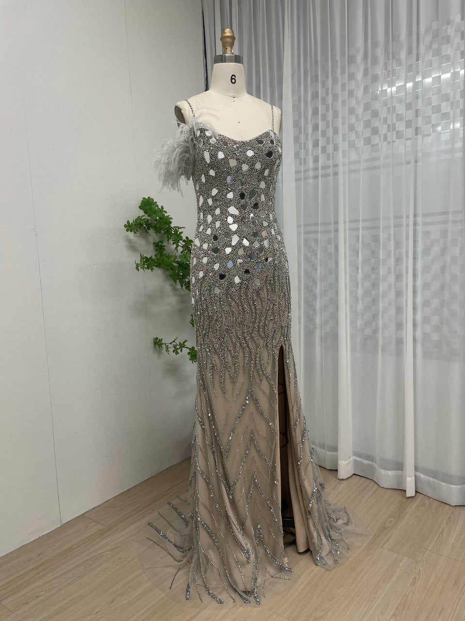 Glamorous Silver Sequin Prom Dress Side Slit Spaghetti Strap Formal Gown MY30034-2