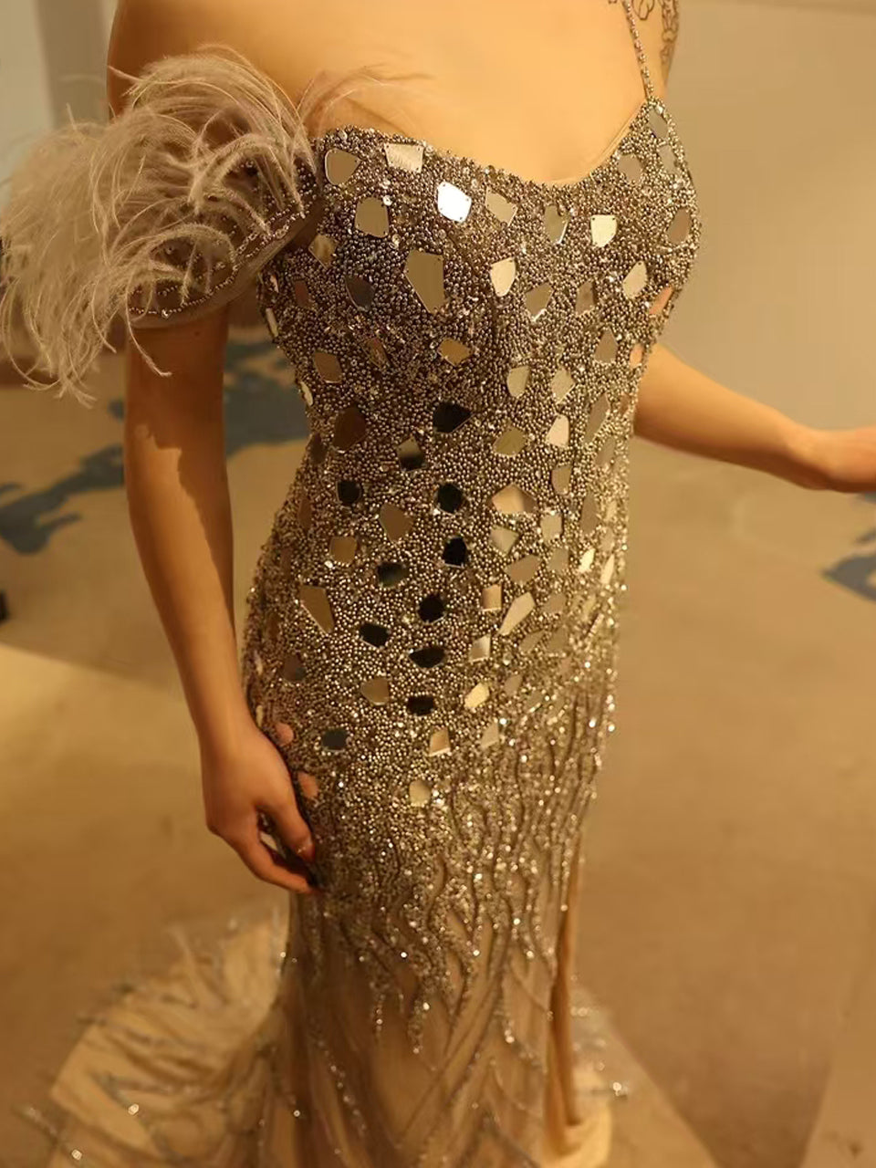 Glamorous Silver Sequin Prom Dress Side Slit Spaghetti Strap Formal Gown MY30034-2