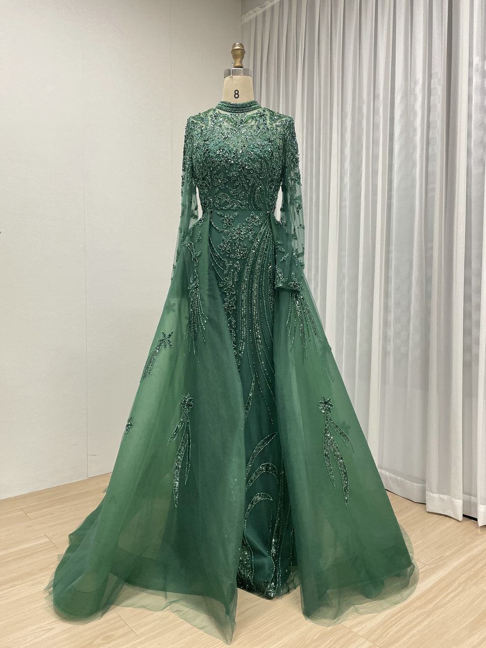 Green Long Sleeve Beaded A-Line Evening Gown with Crystal Vine Pattern Prom Dress Women MY30035B