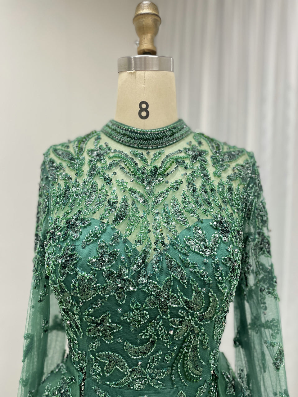 Green Long Sleeve Beaded A-Line Evening Gown with Crystal Vine Pattern Prom Dress Women MY30035B