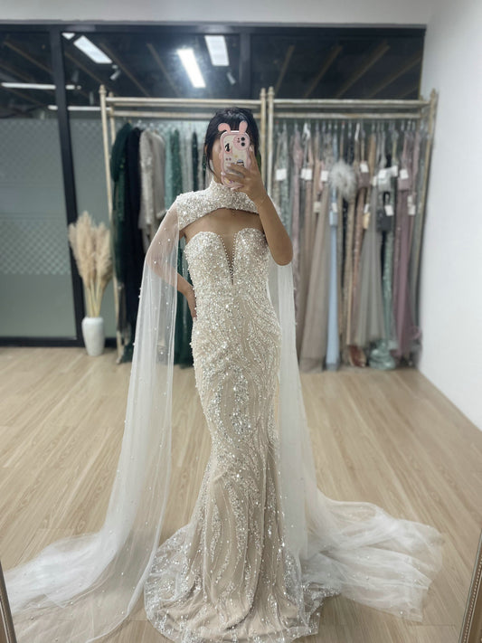 Luxury Cape Long Sleeve Couture Beading Lace Mermaid Evening Dress MY30036-2