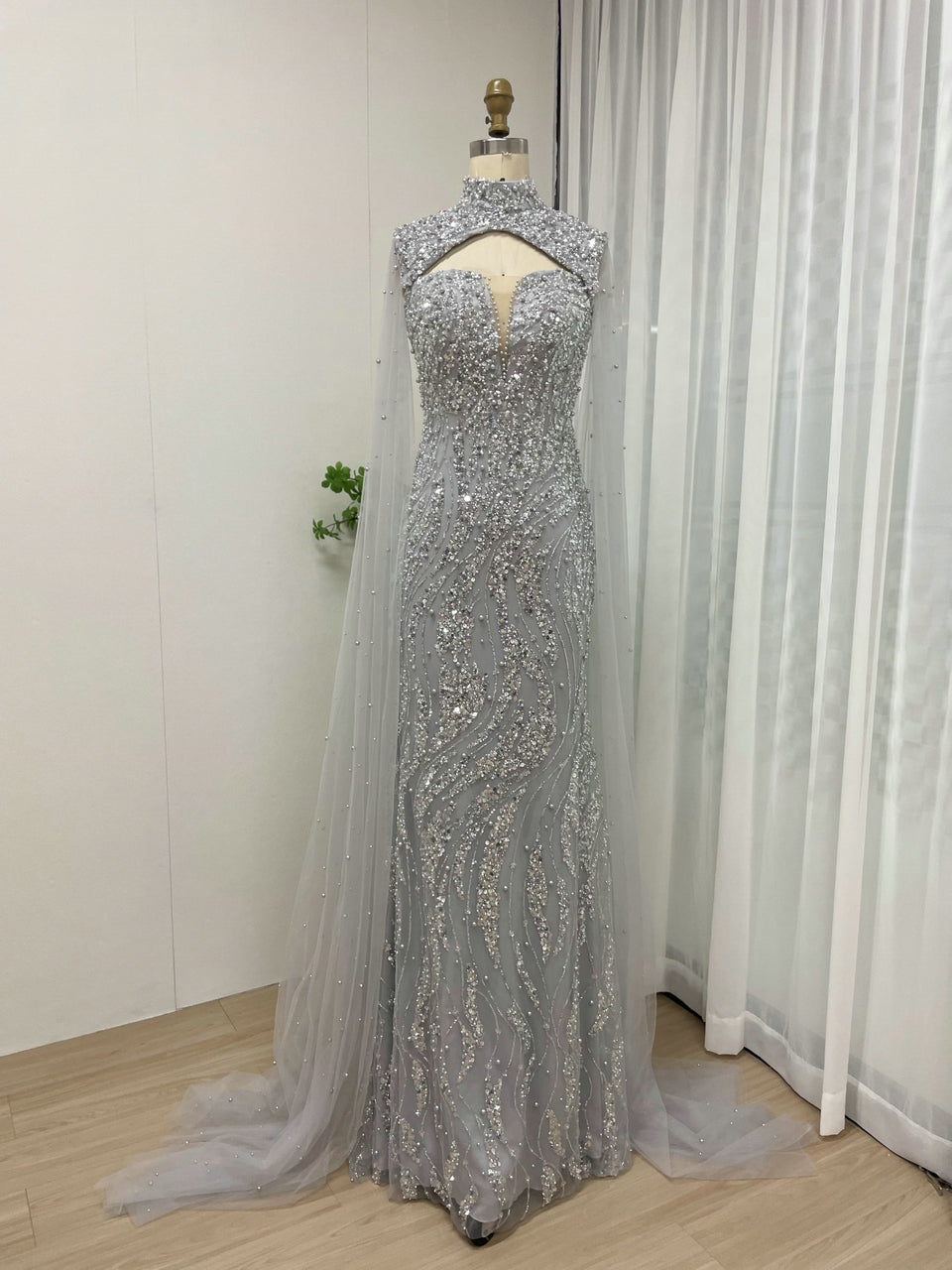 Luxury Cape Long Sleeve Couture Beading Lace Mermaid Evening Dress MY30036-2