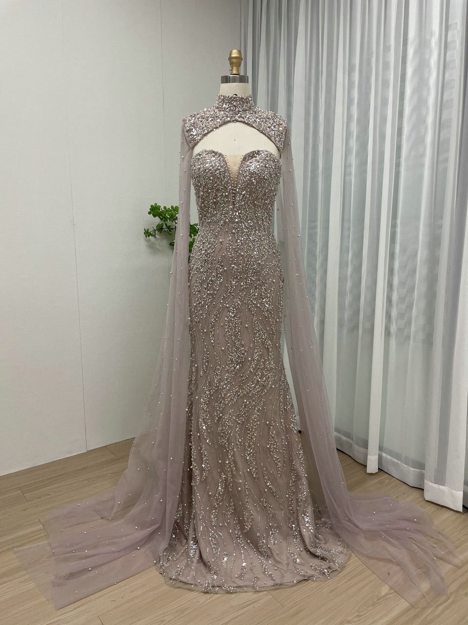 Luxury Cape Long Sleeve Couture Beading Lace Mermaid Evening Dress MY30036-2