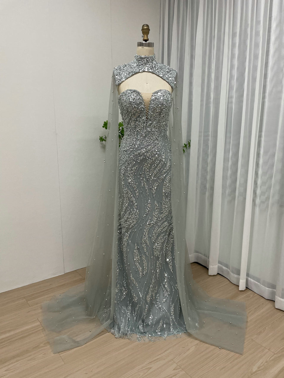 Luxury Cape Long Sleeve Couture Beading Lace Mermaid Evening Dress MY30036-2
