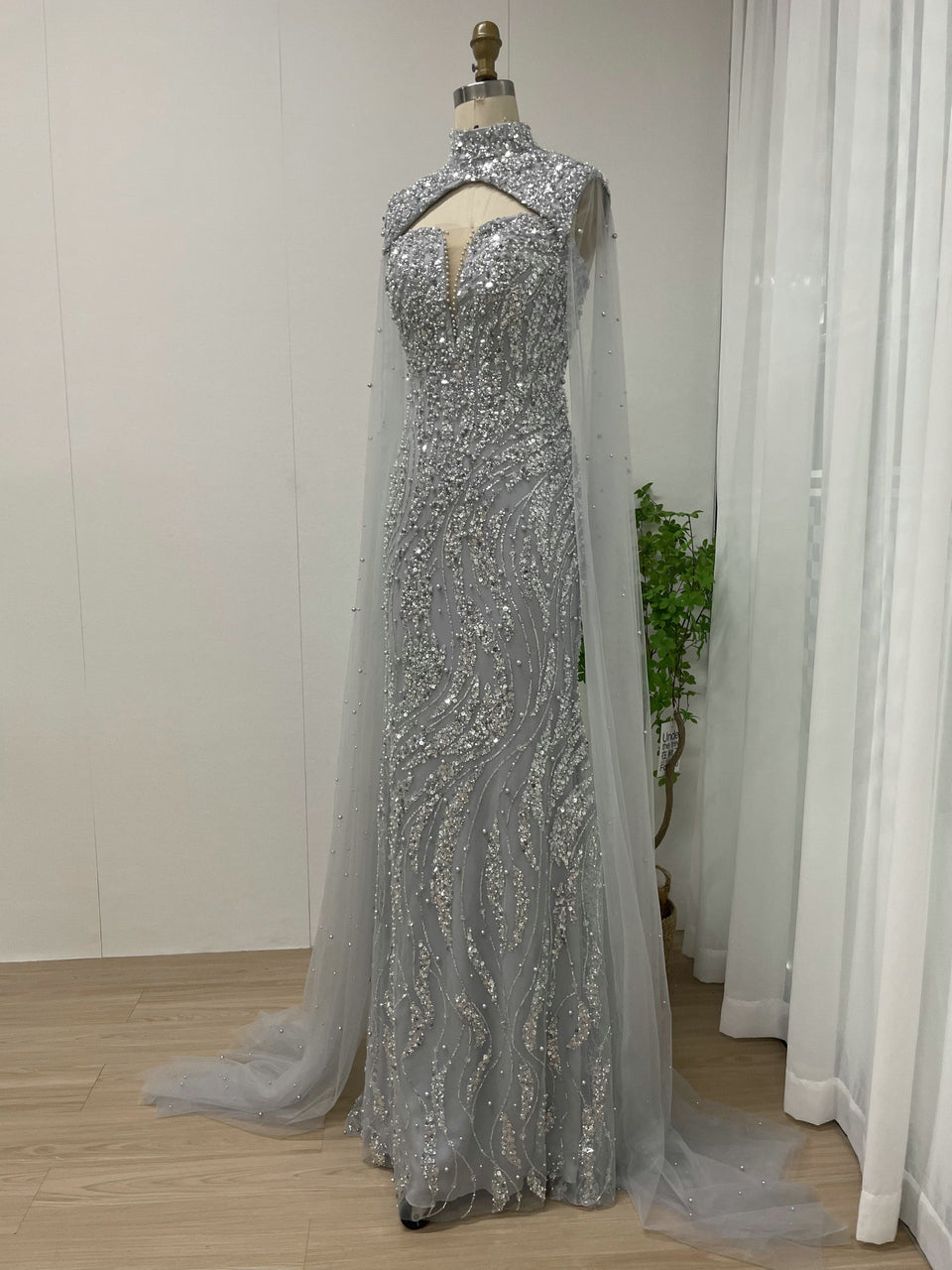Luxury Cape Long Sleeve Couture Beading Lace Mermaid Evening Dress MY30036-2
