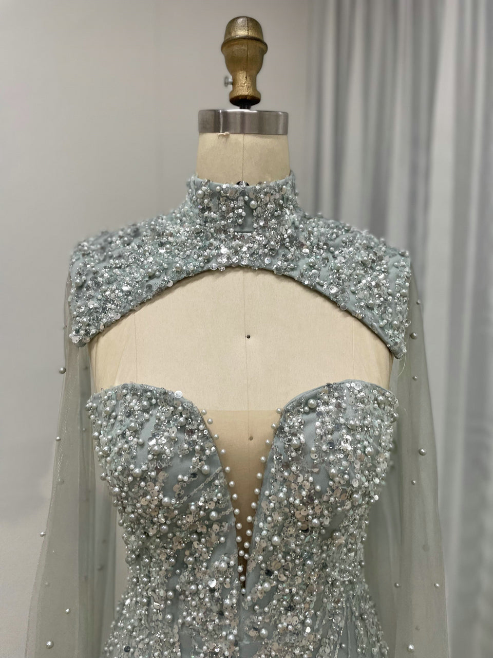 Luxury Cape Long Sleeve Couture Beading Lace Mermaid Evening Dress MY30036-2