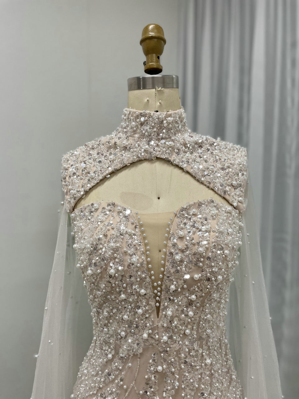 Luxury Cape Long Sleeve Couture Beading Lace Mermaid Evening Dress MY30036-2