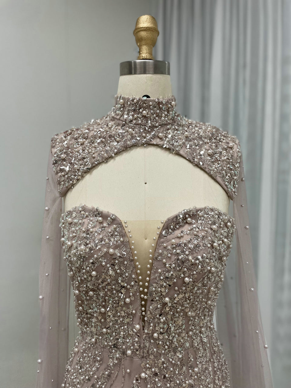 Luxury Cape Long Sleeve Couture Beading Lace Mermaid Evening Dress MY30036-2