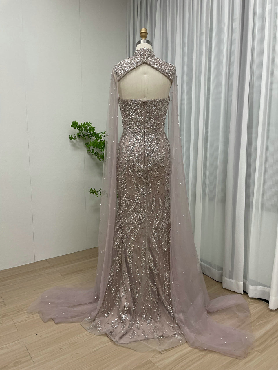 Luxury Cape Long Sleeve Couture Beading Lace Mermaid Evening Dress MY30036-2