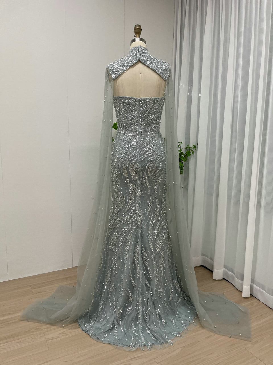 Luxury Cape Long Sleeve Couture Beading Lace Mermaid Evening Dress MY30036-2