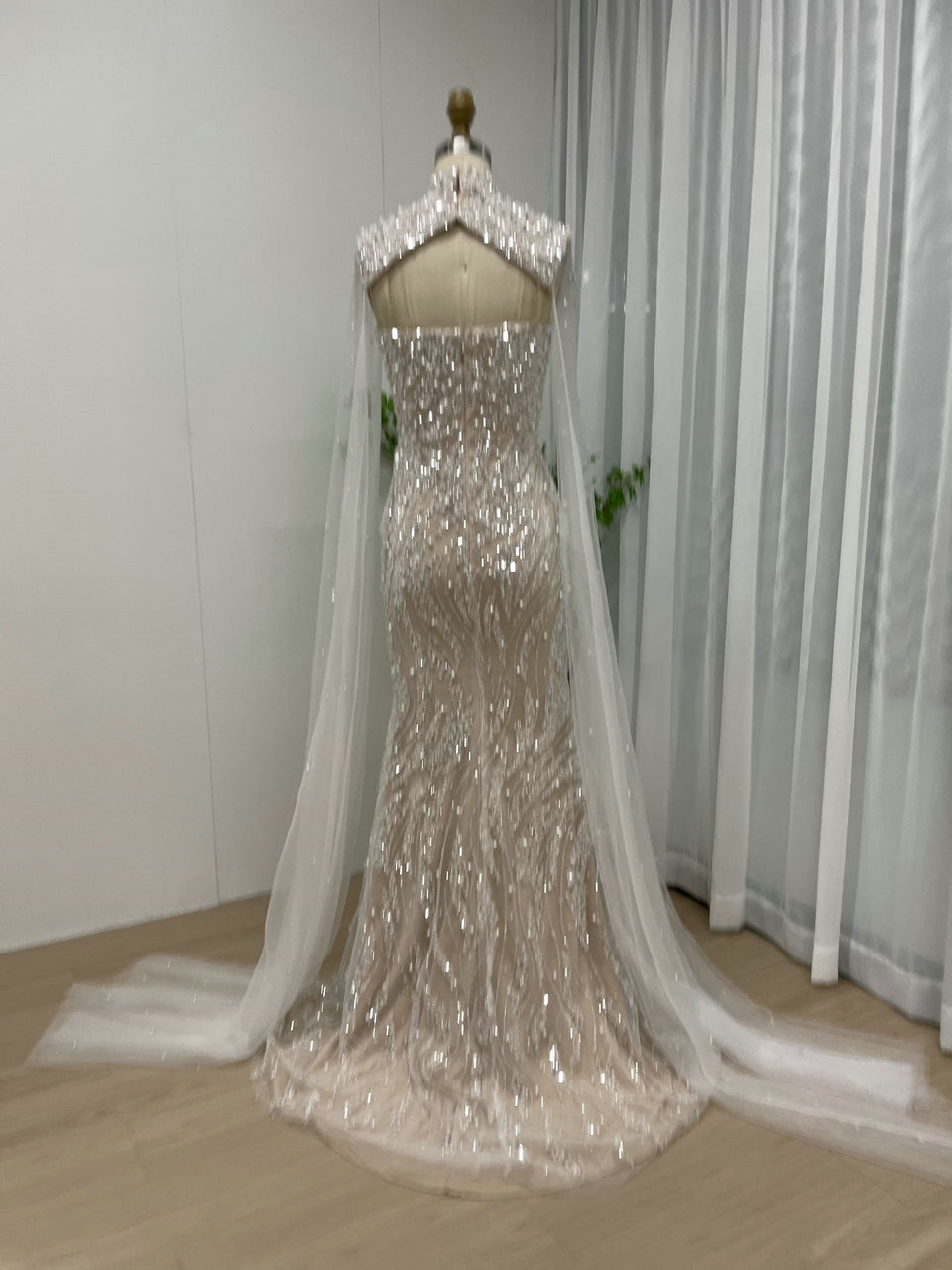 Luxury Cape Long Sleeve Couture Beading Lace Mermaid Evening Dress MY30036-2