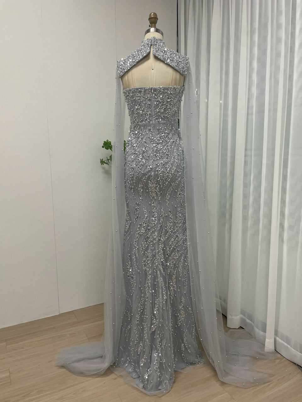 Luxury Cape Long Sleeve Couture Beading Lace Mermaid Evening Dress MY30036-2