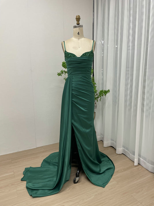 Spaghetti Strap Ruffle Beading High Slit Green Prom Dress MY30044