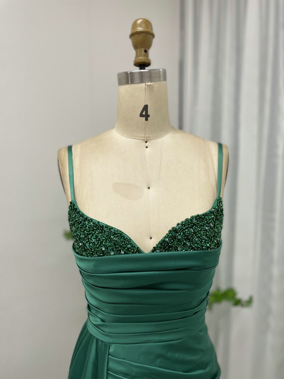Spaghetti Strap Ruffle Beading High Slit Green Prom Dress MY30044