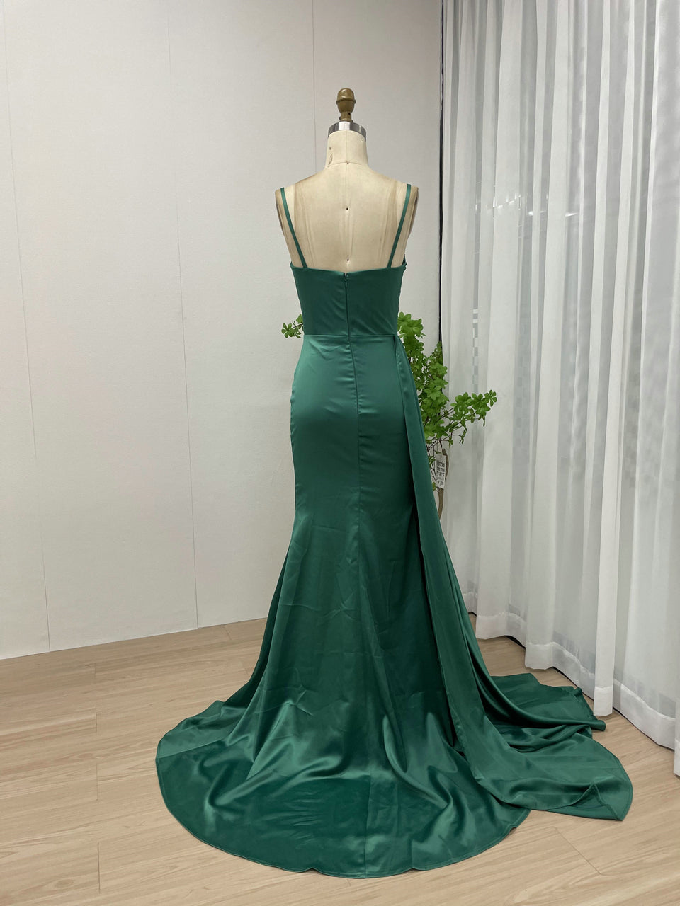 Spaghetti Strap Ruffle Beading High Slit Green Prom Dress MY30044