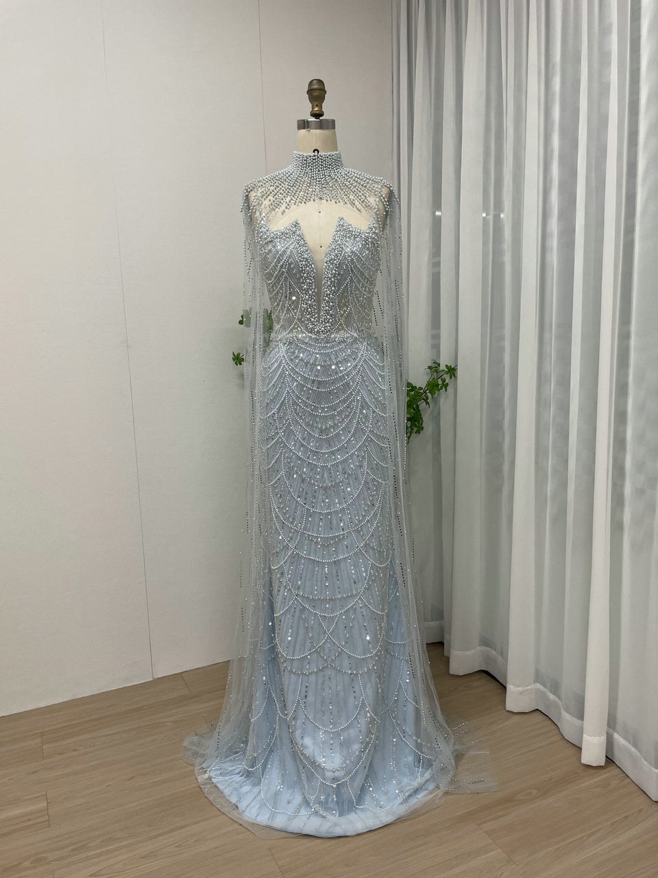 Luxury Beading Lace Mermaid Back Cape Two Piece Wedding Party Evening Dress MY30047-3