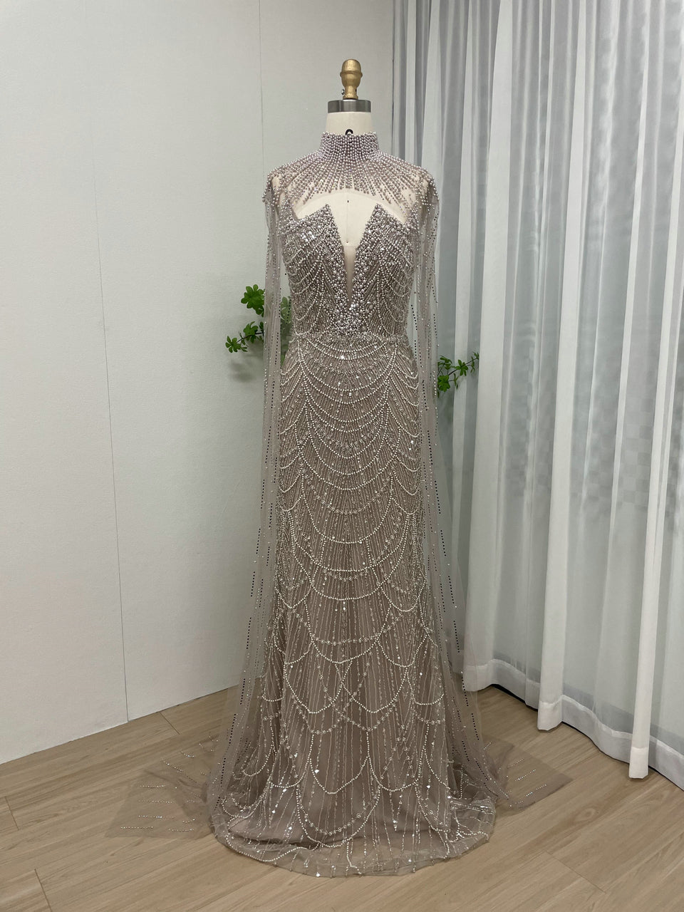 Luxury Beading Lace Mermaid Back Cape Two Piece Wedding Party Evening Dress MY30047-3