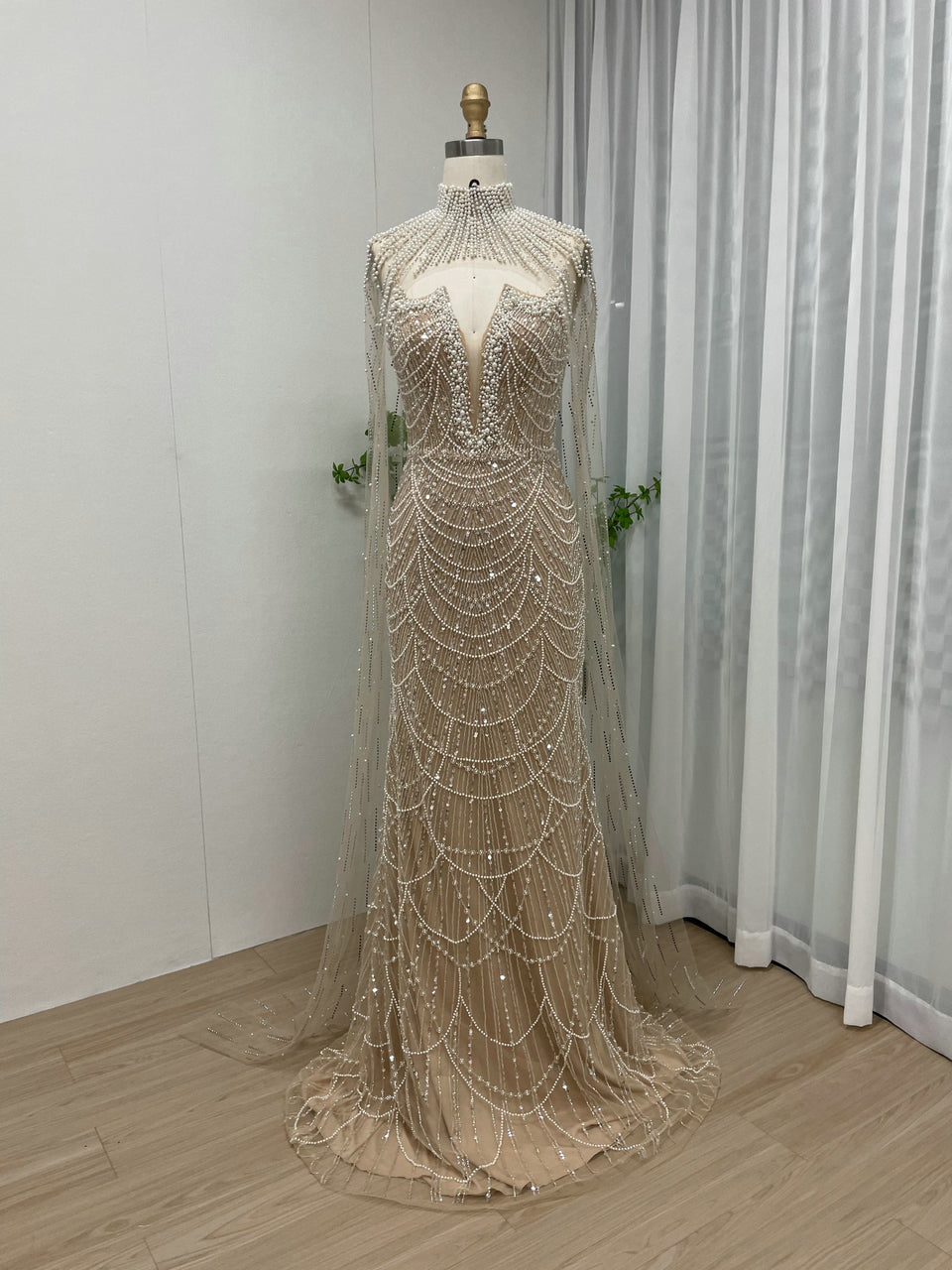 Luxury Beading Lace Mermaid Back Cape Two Piece Wedding Party Evening Dress MY30047-3