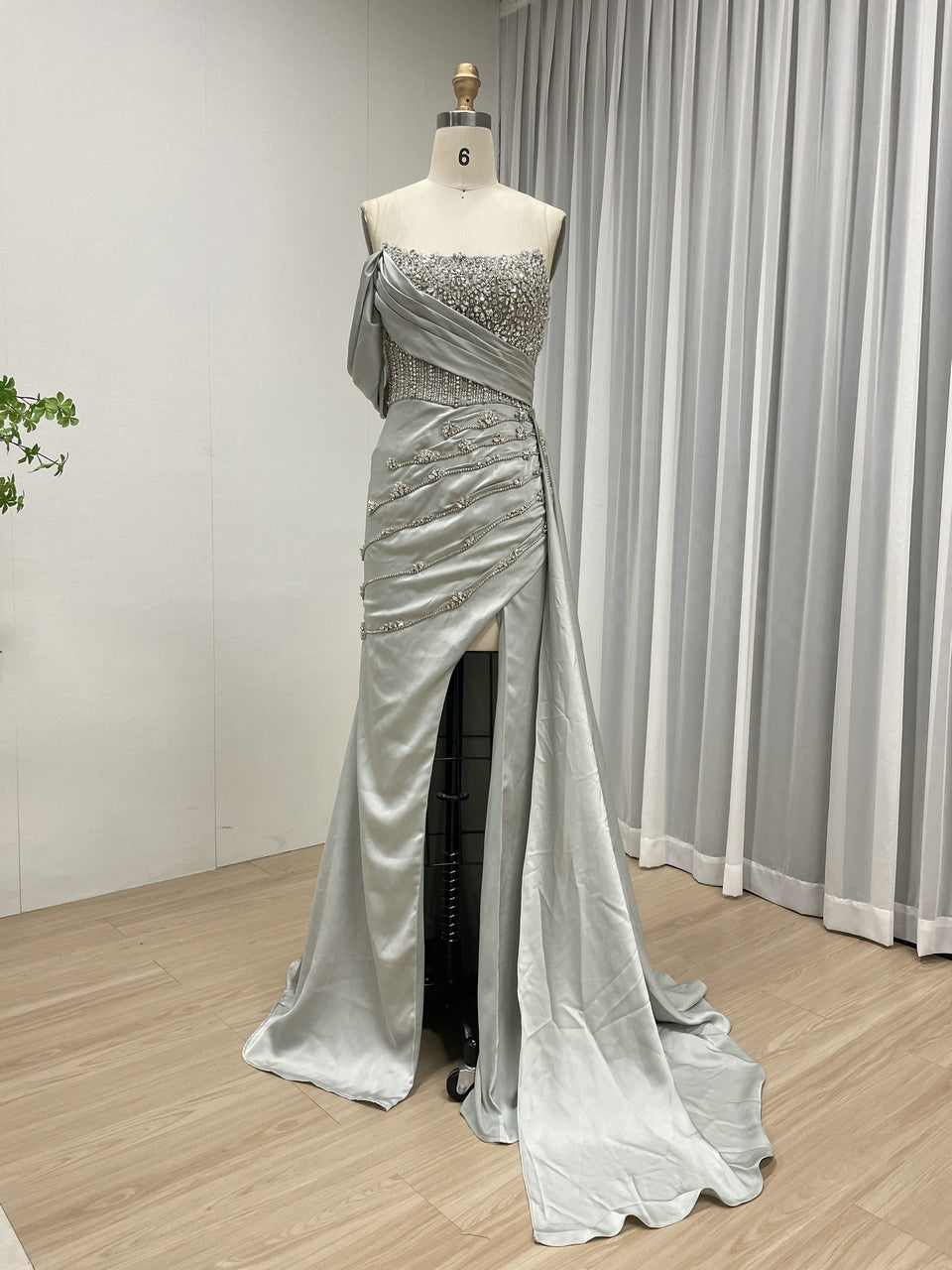 Grey Blue Beaded One-Shoulder Formal Dress with High Leg Slit Mermaid Satin Evening Gown MY30050-2