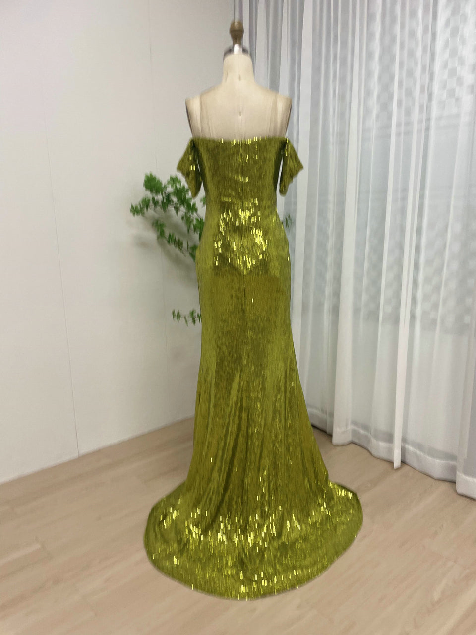 Olive Green Sequin Off-The-Shoulder Prom Gown with High Slit MY30052