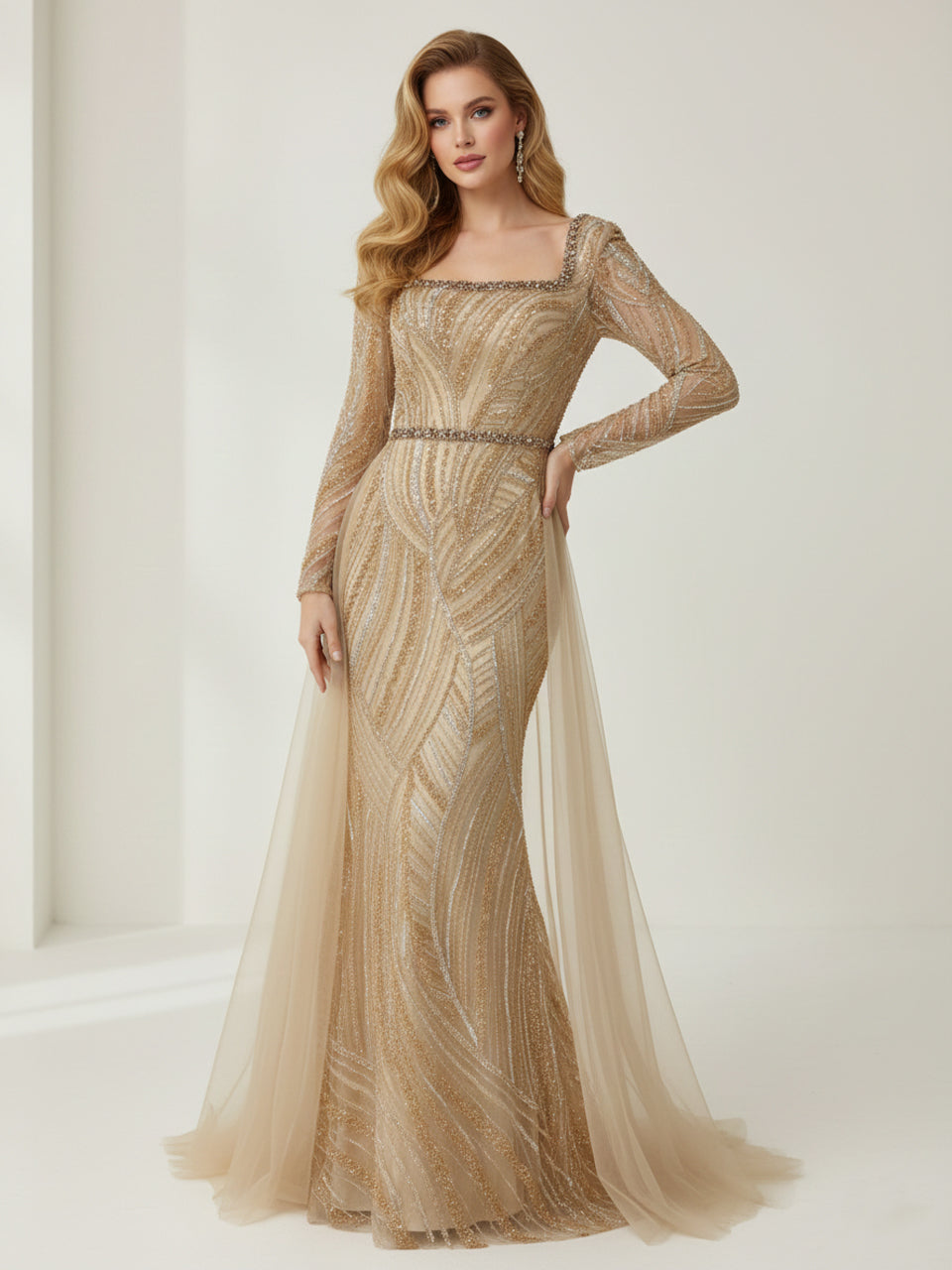 Elegant Gold Long Sleeve Beaded Mermaid Dress Square Neck Evening Gown –  DESIRE DRESS