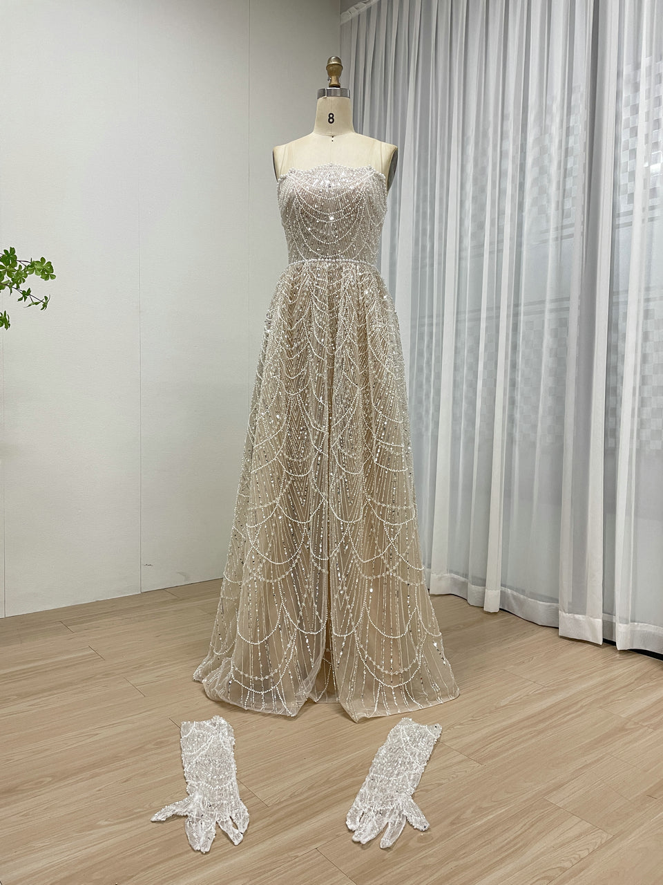 Shiny Gold Beaded Dress Strapless Gloves Train Party Style MY30067-2