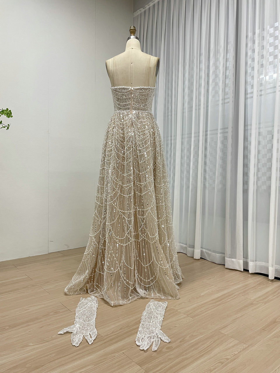 Shiny Gold Beaded Dress Strapless Gloves Train Party Style MY30067-2
