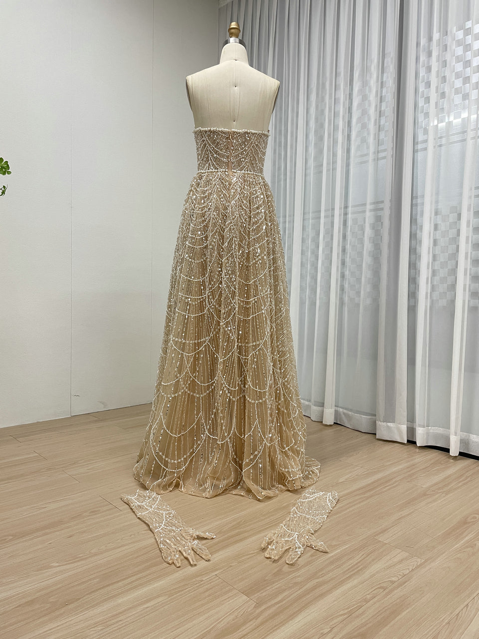 Shiny Gold Beaded Dress Strapless Gloves Train Party Style MY30067-2