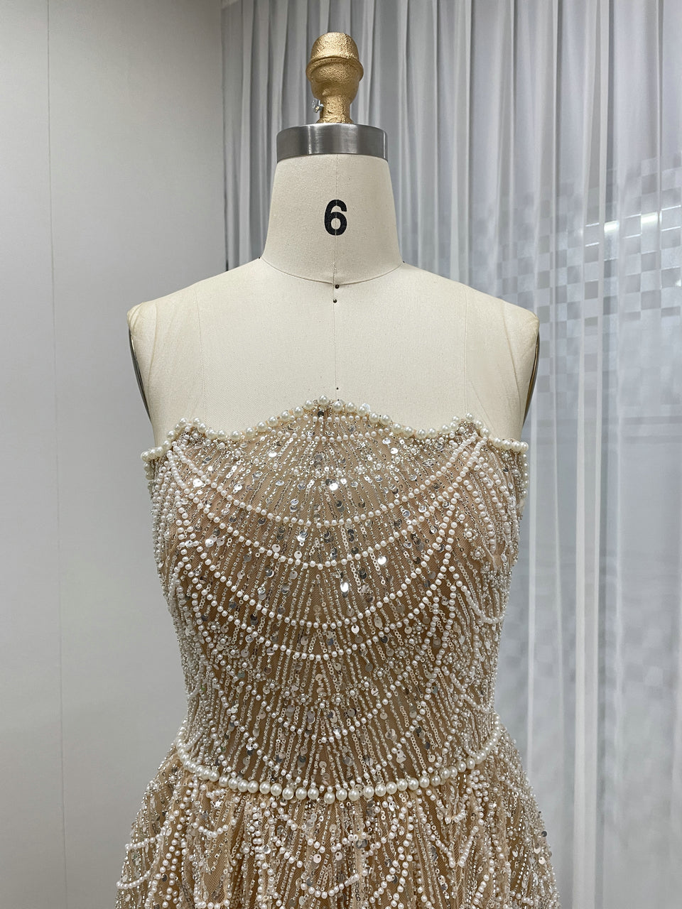 Shiny Gold Beaded Dress Strapless Gloves Train Party Style MY30067-2