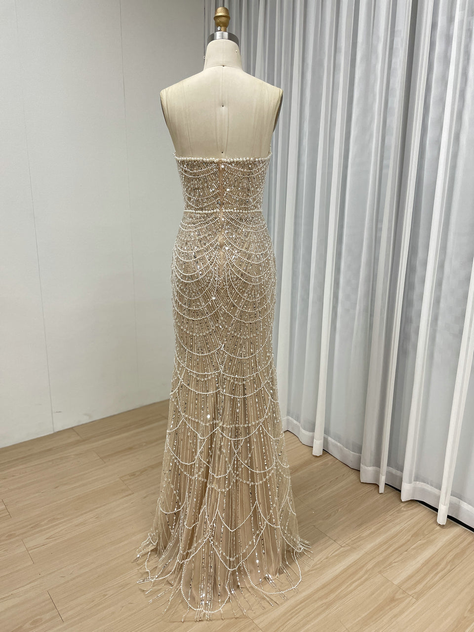 Champagne Beaded Mermaid Evening Gown with Pearl Side Slit & Illusion Neckline MY30067B