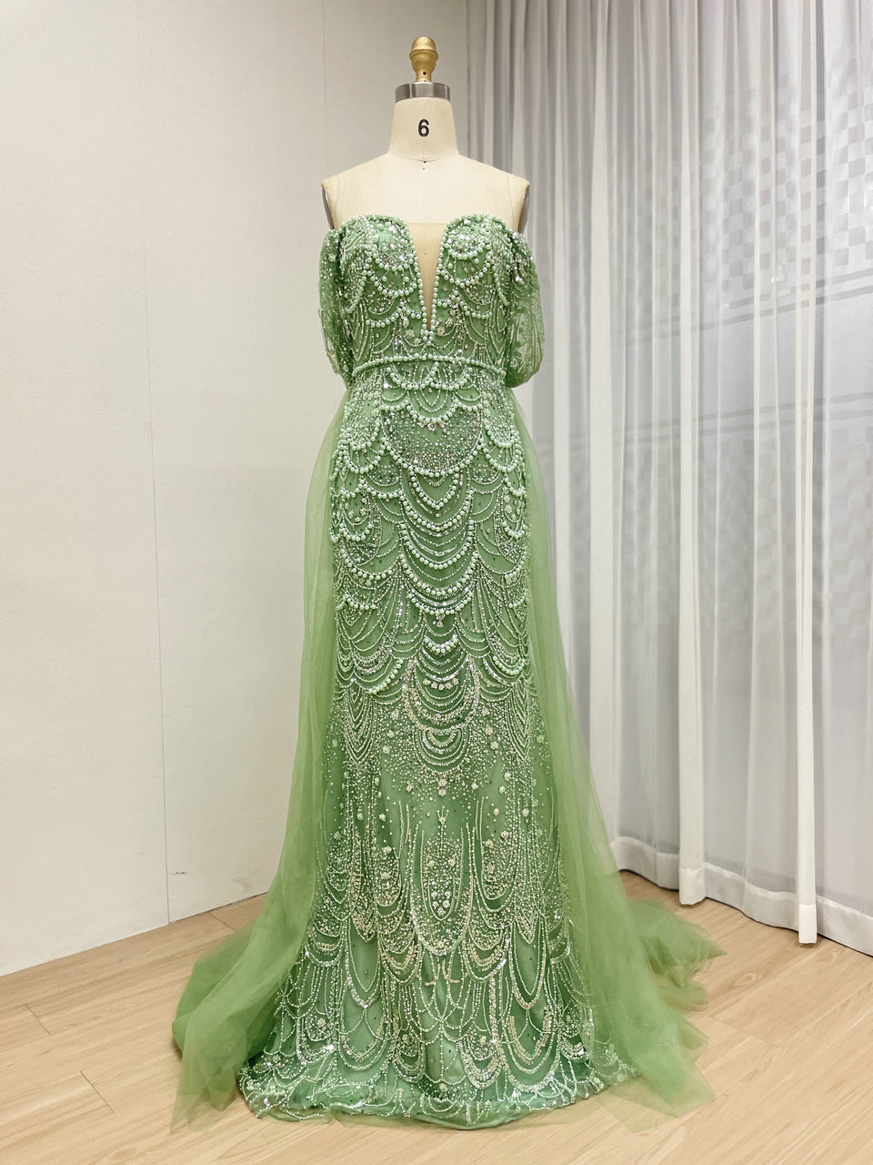 Sparkling Green Off-Shoulder V-Neck Pearl Mermaid Gown Luxury Evening Wear MY30068-2