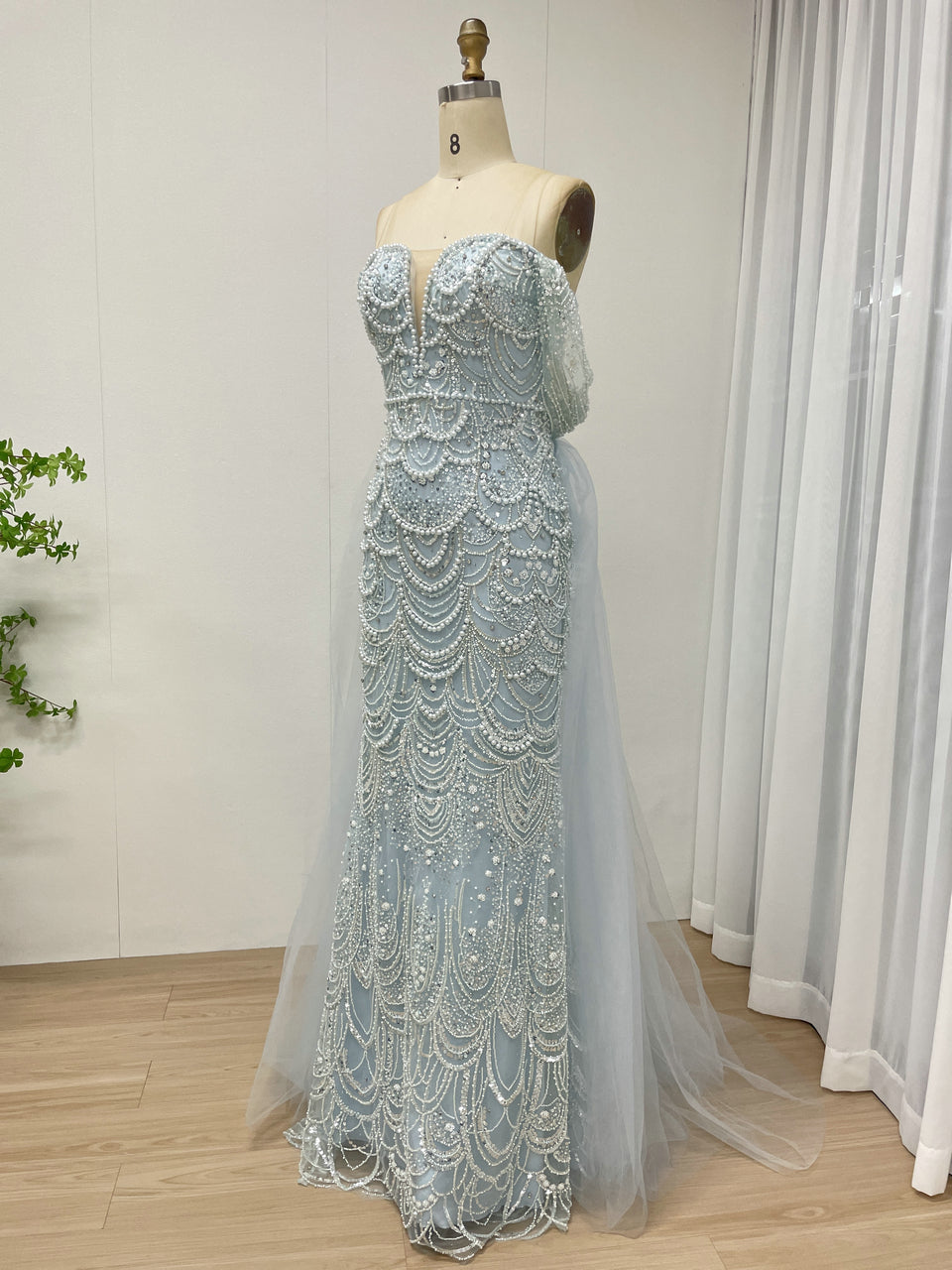 Sparkling Green Off-Shoulder V-Neck Pearl Mermaid Gown Luxury Evening Wear MY30068-2