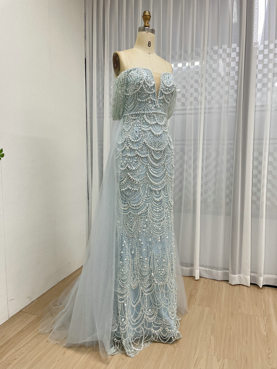 Sparkling Green Off-Shoulder V-Neck Pearl Mermaid Gown Luxury Evening Wear MY30068-2