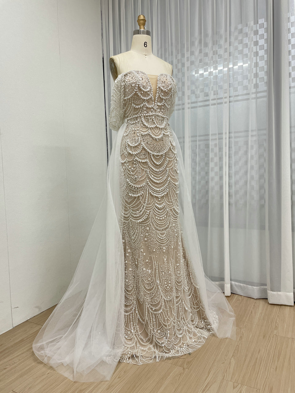 Sparkling Green Off-Shoulder V-Neck Pearl Mermaid Gown Luxury Evening Wear MY30068-2