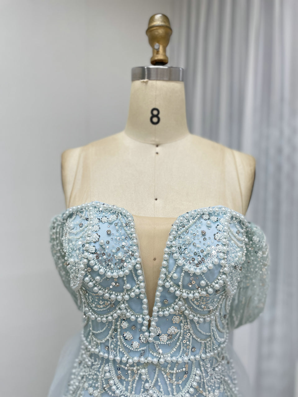 Sparkling Green Off-Shoulder V-Neck Pearl Mermaid Gown Luxury Evening Wear MY30068-2