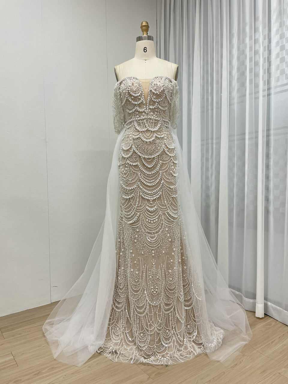 Sparkling Green Off-Shoulder V-Neck Pearl Mermaid Gown Luxury Evening Wear MY30068-2