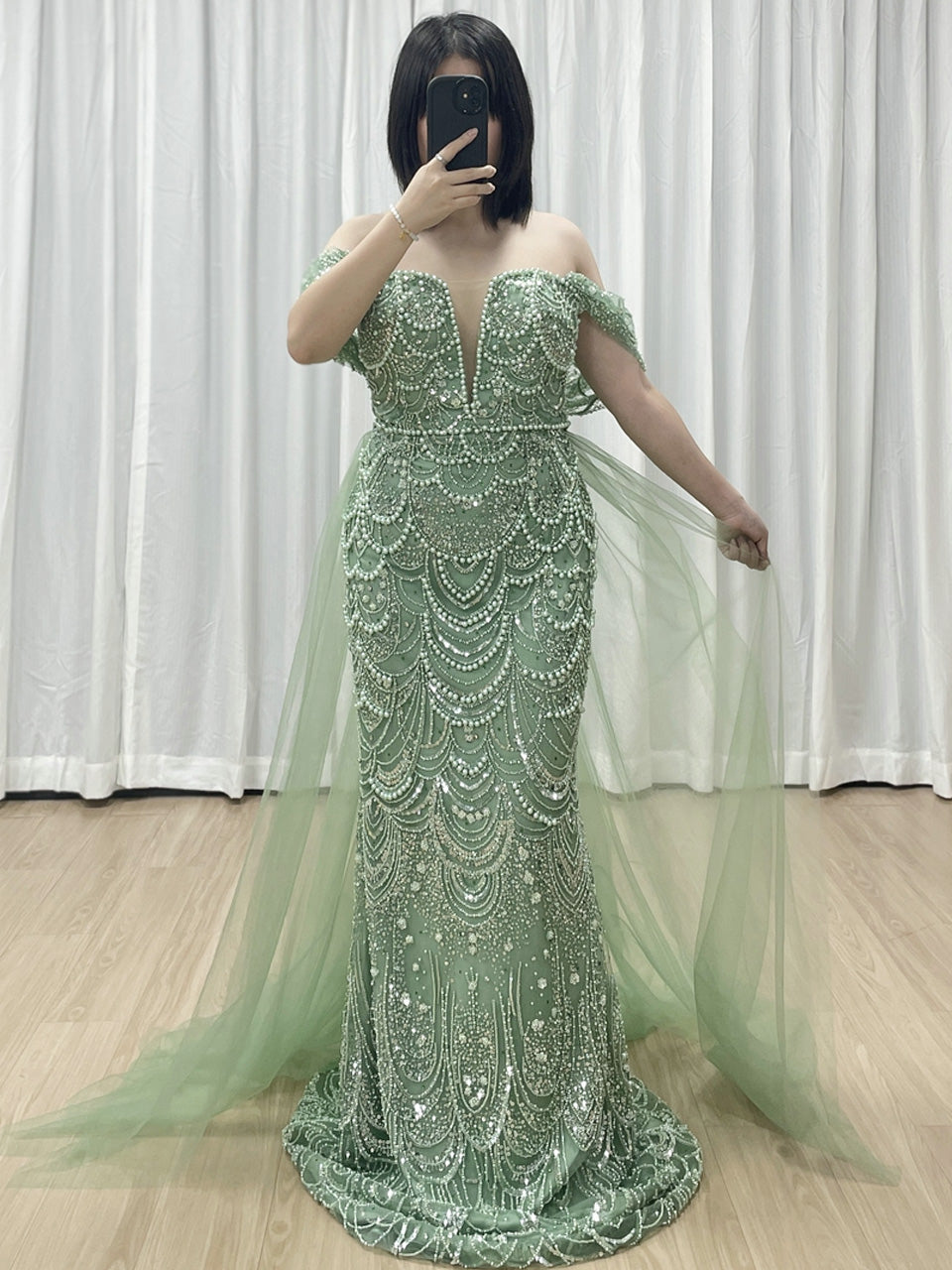 Sparkling Green Off-Shoulder V-Neck Pearl Mermaid Gown Luxury Evening Wear MY30068-2