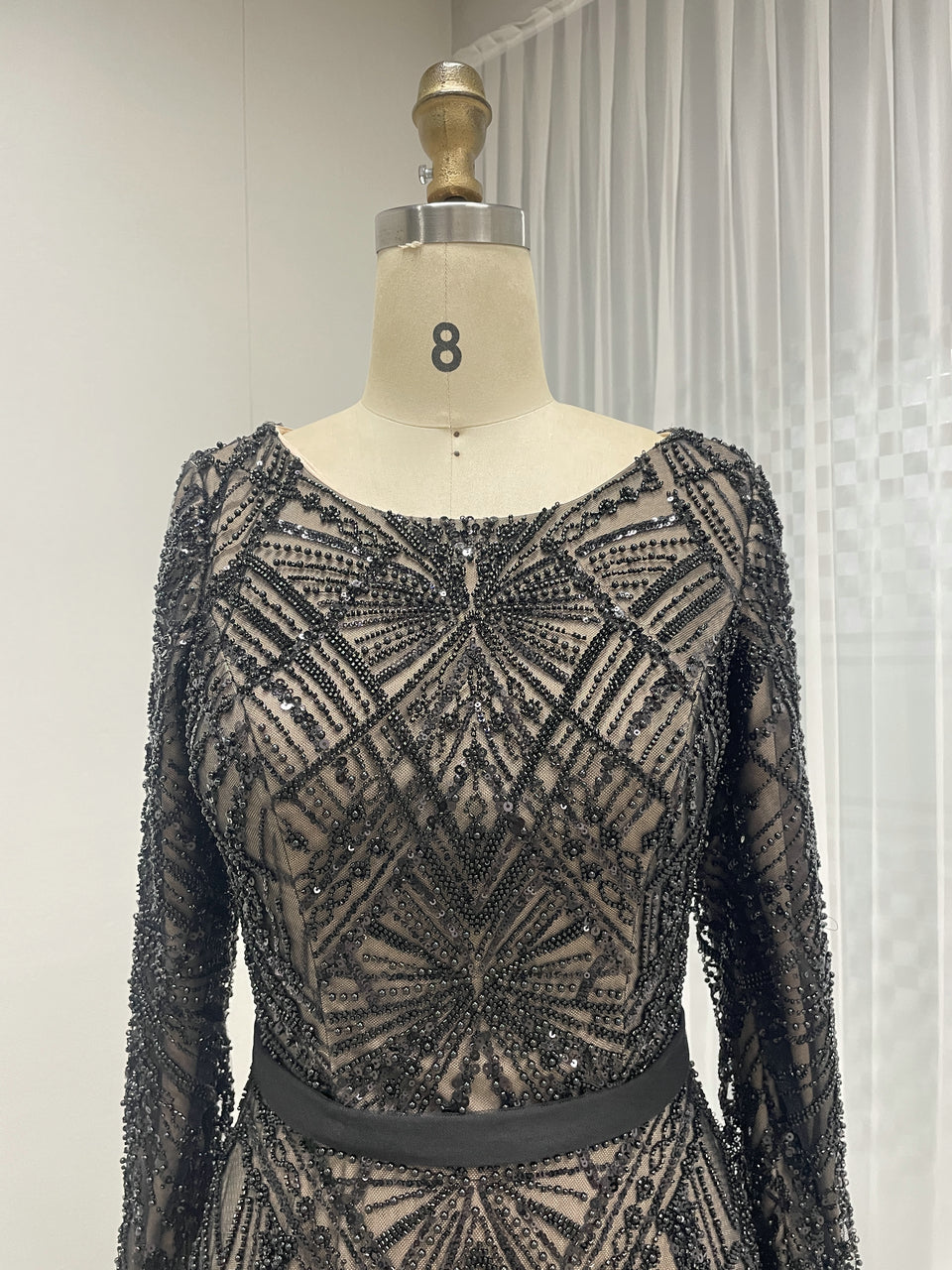 Elegant Black Beaded Dress Long Sleeves Train Cocktail Style MY30076-2
