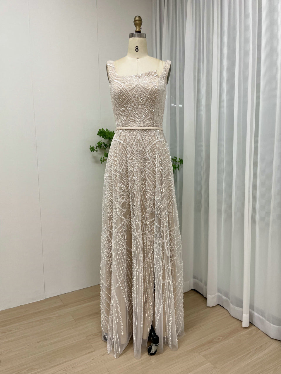 Geometric Sequined A-Line Evening Gown with Asymmetric Neckline and Thigh-High Slit MY30076