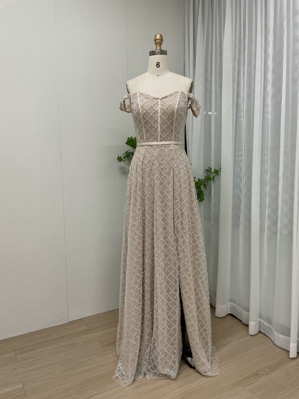 Geometric Beaed Off-The-Shoulder Evening Gown with Thigh Slit - White MY30078