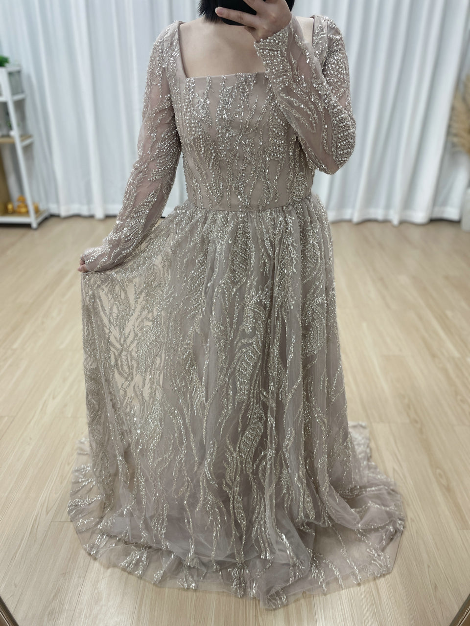 Pink Square Neck Long Sleeve Beaded A-Line Evening Gown Wedding Guest Dress MY30081L-3