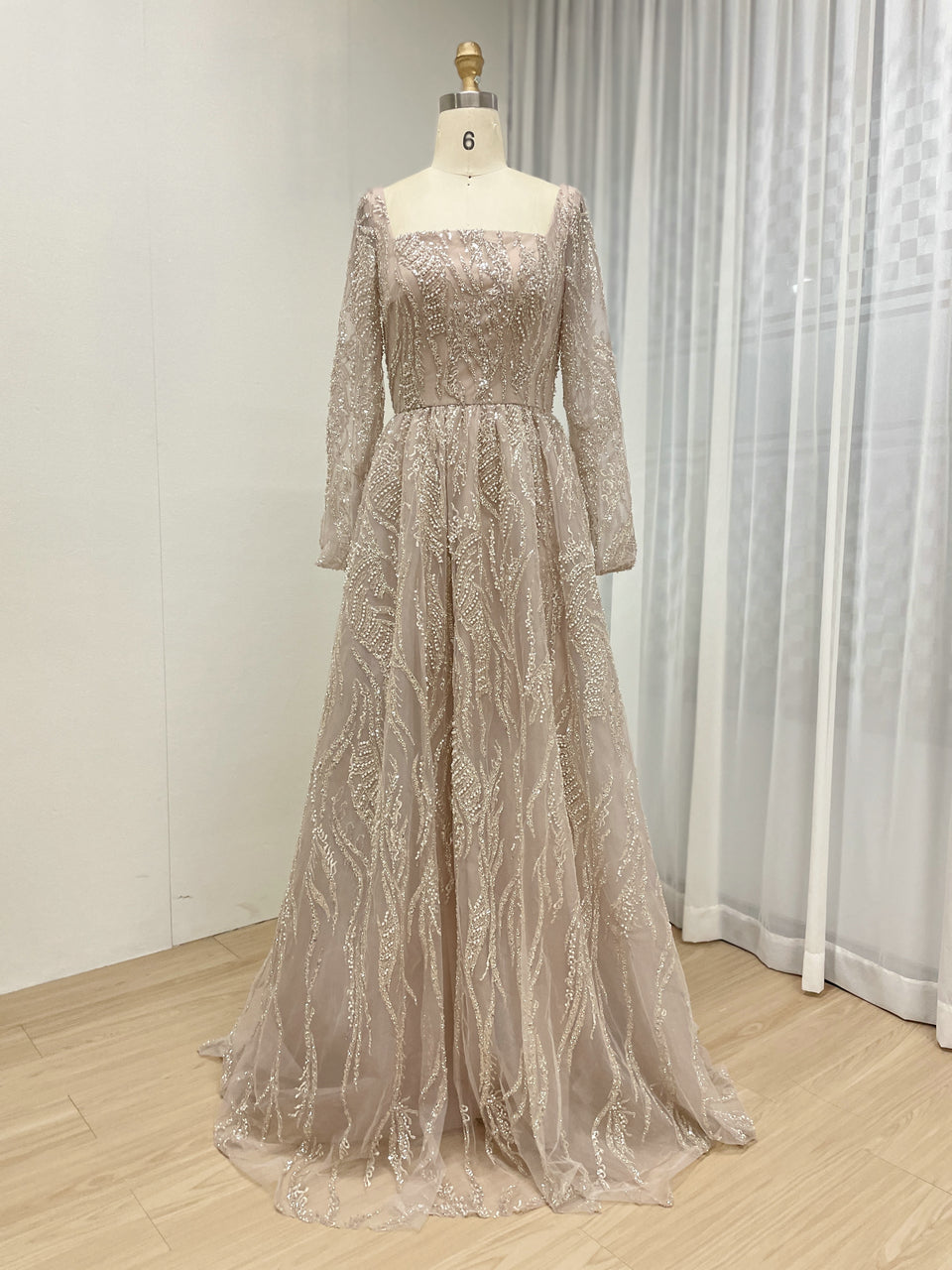 Pink Square Neck Long Sleeve Beaded A-Line Evening Gown Wedding Guest Dress MY30081L-3