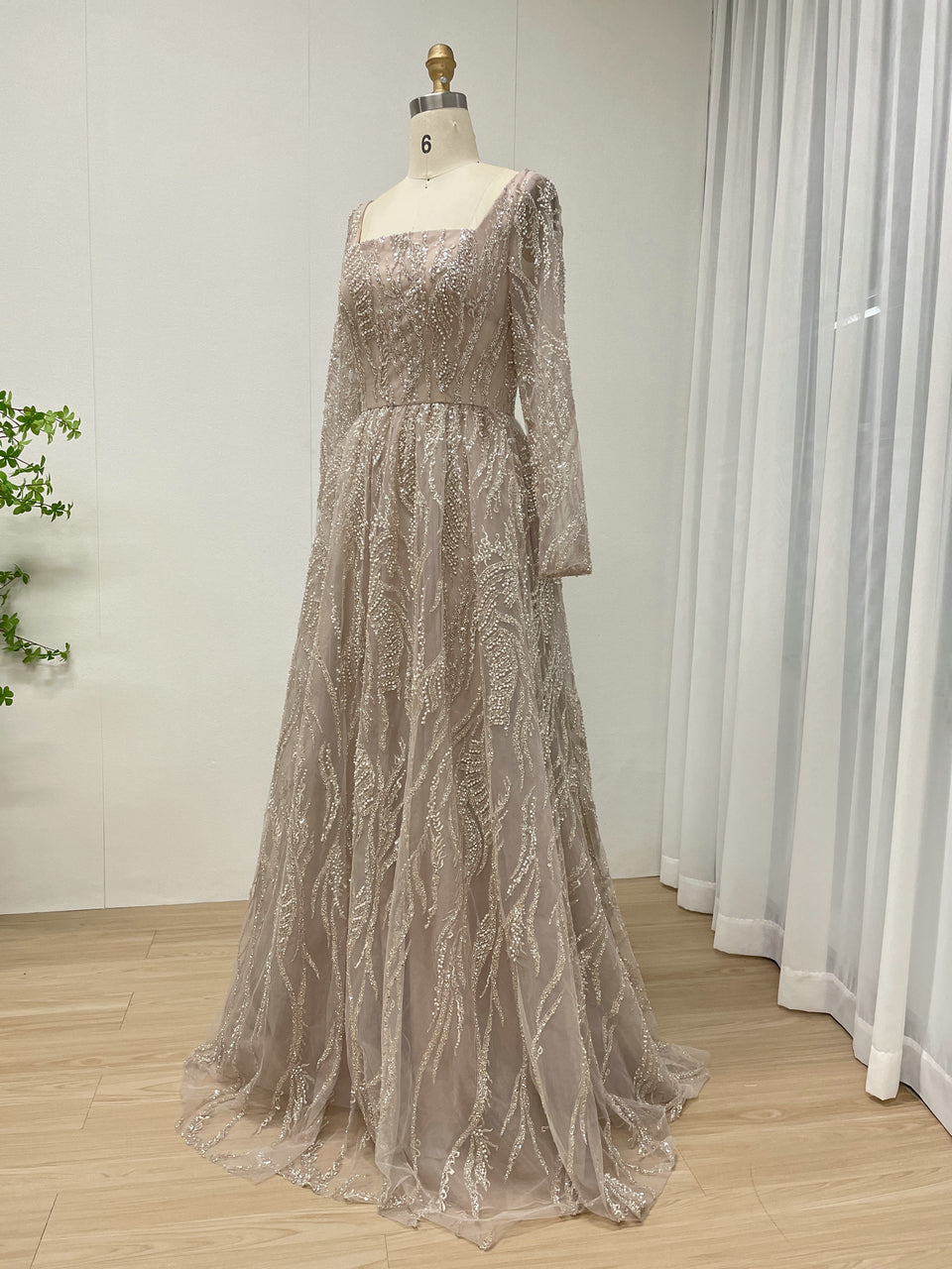 Pink Square Neck Long Sleeve Beaded A-Line Evening Gown Wedding Guest Dress MY30081L-3