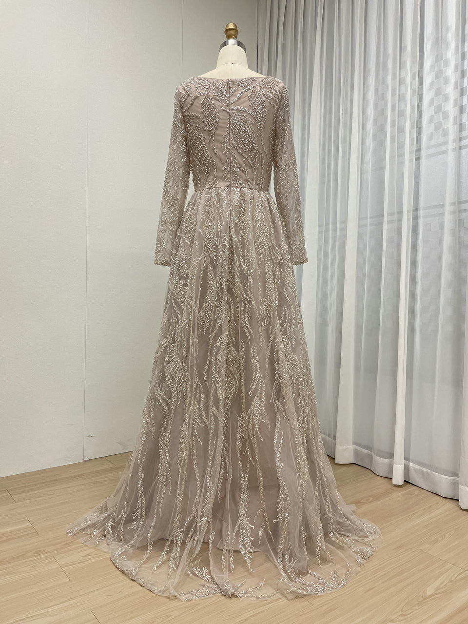 Pink Square Neck Long Sleeve Beaded A-Line Evening Gown Wedding Guest Dress MY30081L-3