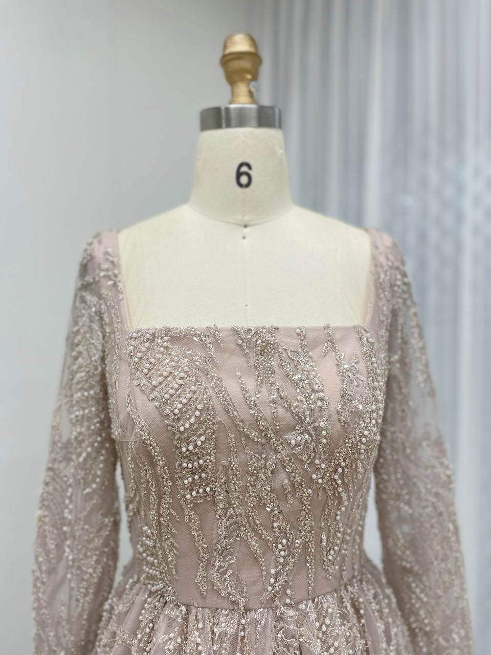Pink Square Neck Long Sleeve Beaded A-Line Evening Gown Wedding Guest Dress MY30081L-3