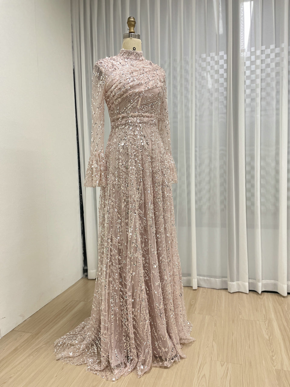 Long Sleeve Sequined A-Line Gown with High Neckline and Ruffled Cuff MY30089-3
